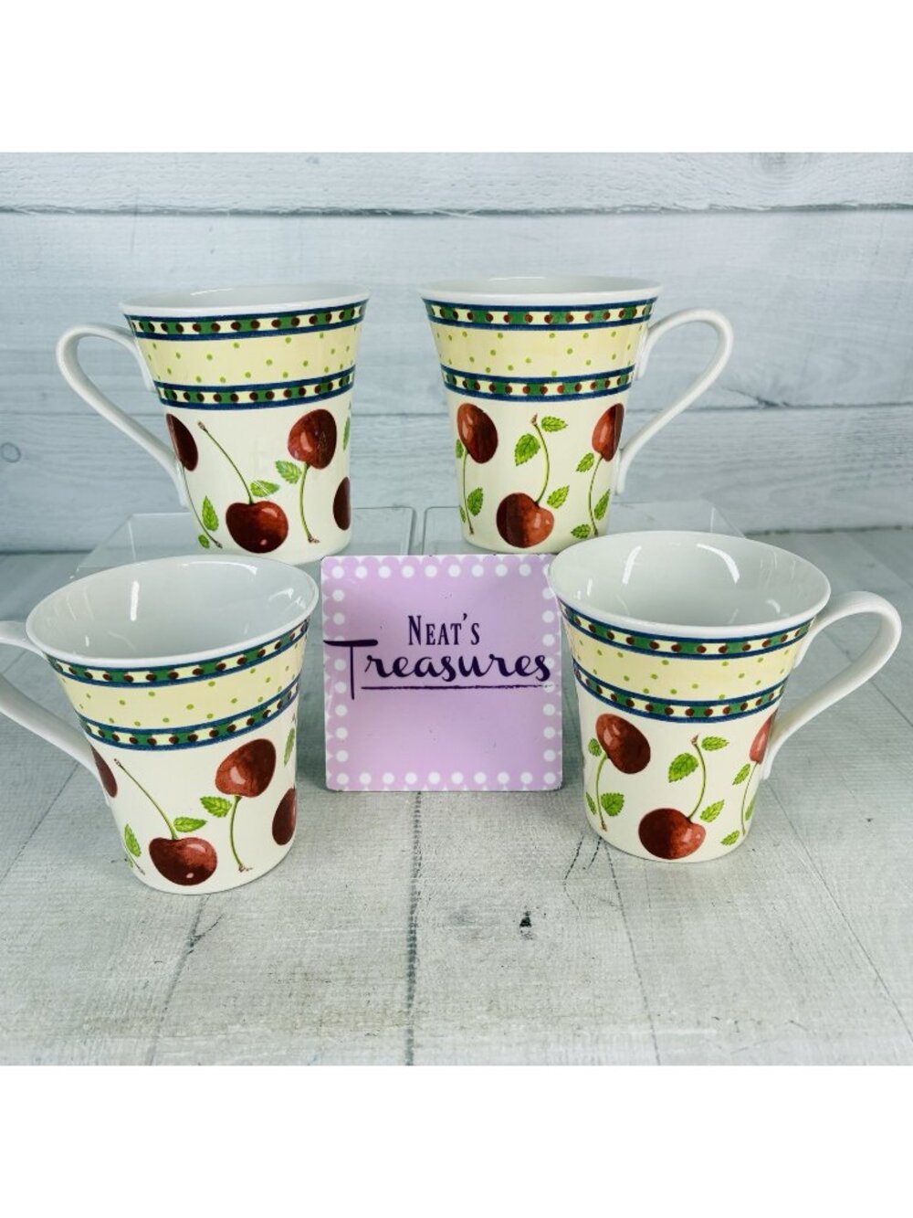 Noble Excellence CHERRIES JUBILEE Red Fruit Green Dots Yellow 12oz Mug Cup Set 4